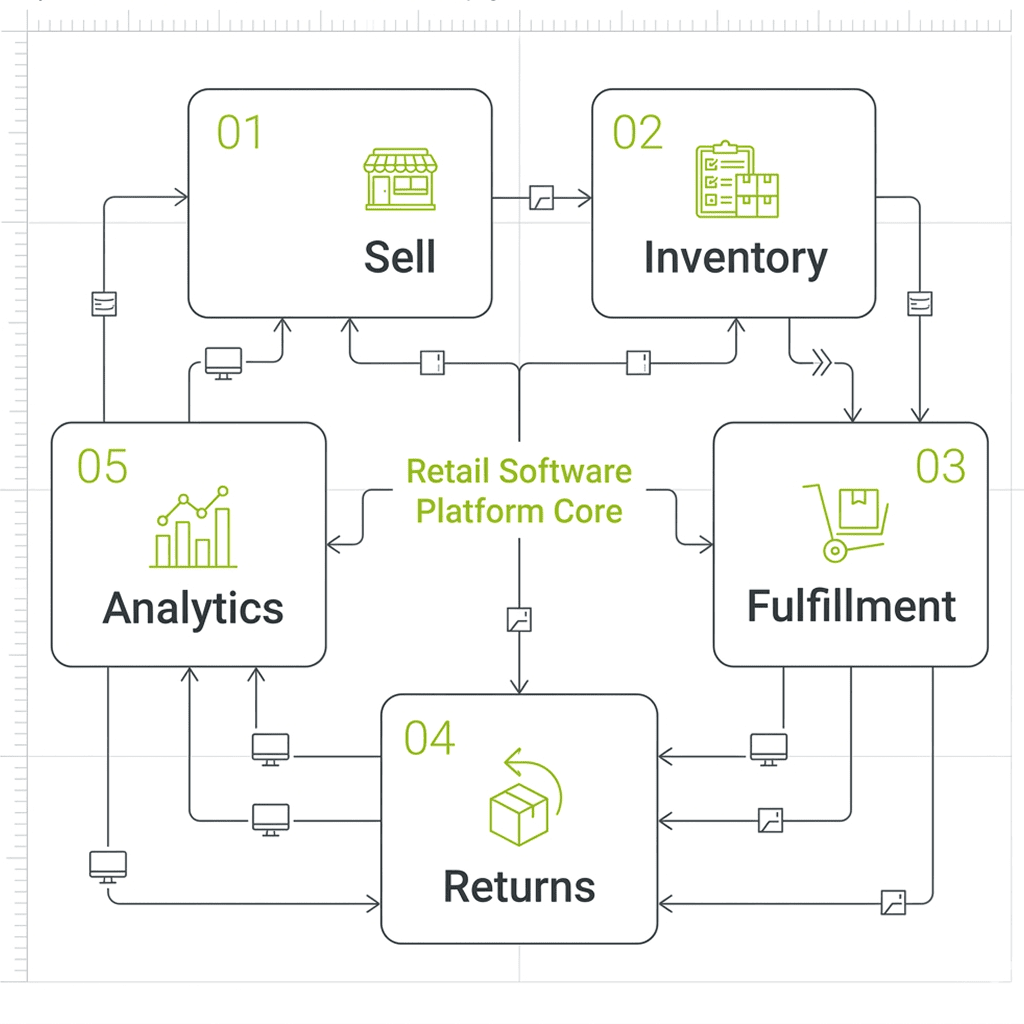 Retail operations dashboard showing inventory synchronization, order processing, checkout performance, and multi-channel retail workflows.