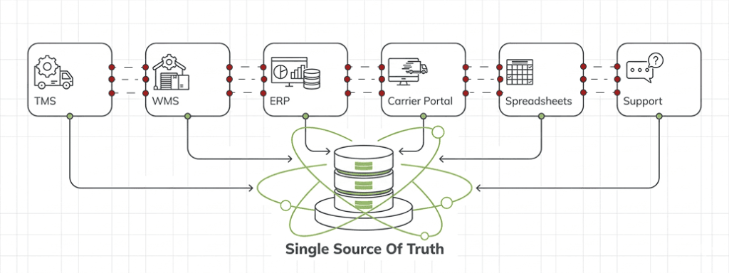 Disconnected logistics systems creating data silos between warehouse, transportation, ERP, carrier platforms, and customer communication channels.