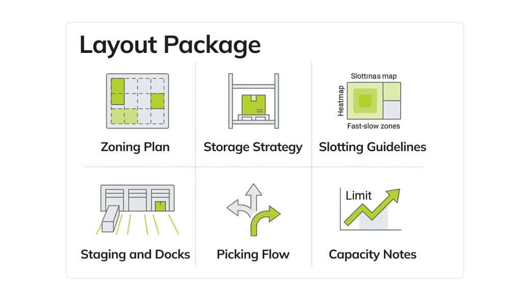 Layout package deliverables: zoning, storage strategy, slotting, dock planning, picking flow, and capacity notes.