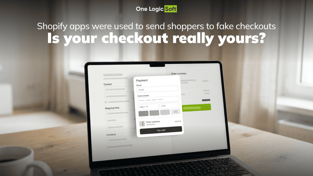 A detailed payment form flying out of a laptop screen away from a Shopify-style store page, showing a checkout that is separate from the real site