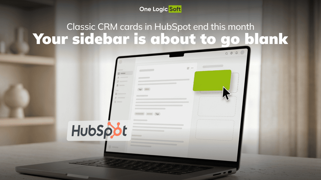 Laptop showing a HubSpot-style CRM record with an empty sidebar and a green card being dragged in to replace legacy CRM cards